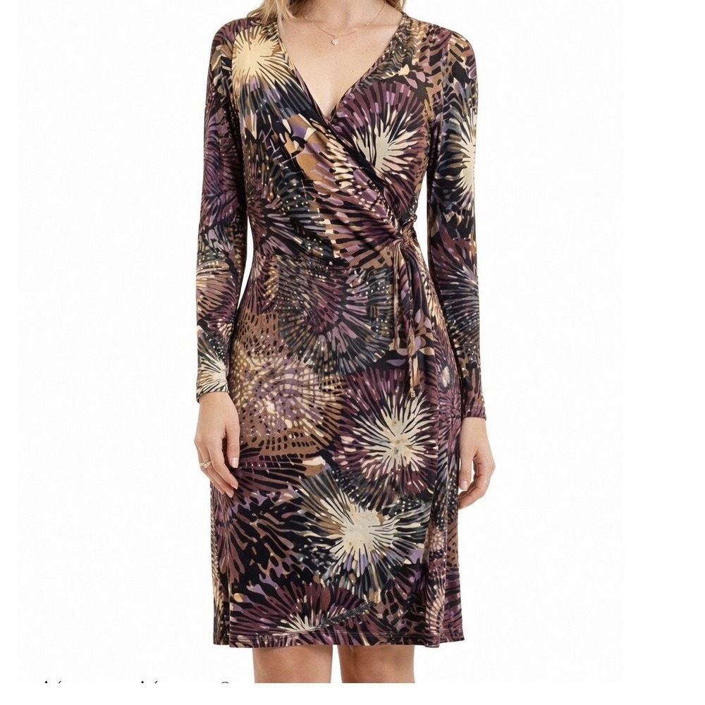 Karen Kane Womens Faux Wrap Dress Purple Brown Abstract Starburst Print Size‎ M